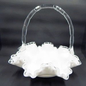 Fenton Silver Crest Milk Glass Basket Ruffled Handle White Clear